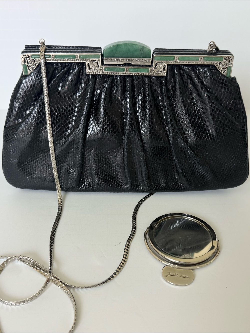Judith Leiber Black Lizard Antique Silver /Green Vintage Clutch/Bag/Mirror